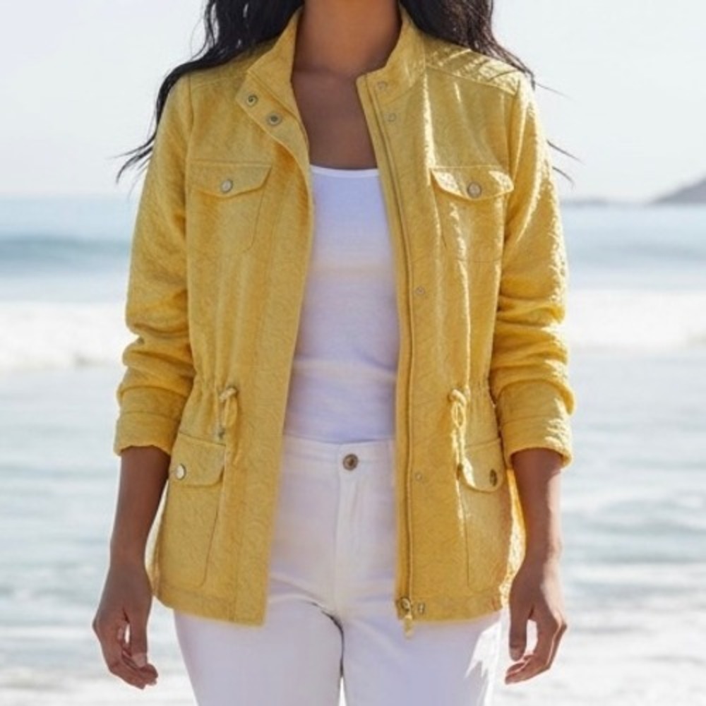 Alfred Dunner Womens Yellow Textured Jacket Drawstring Sz 12 Classic Travel